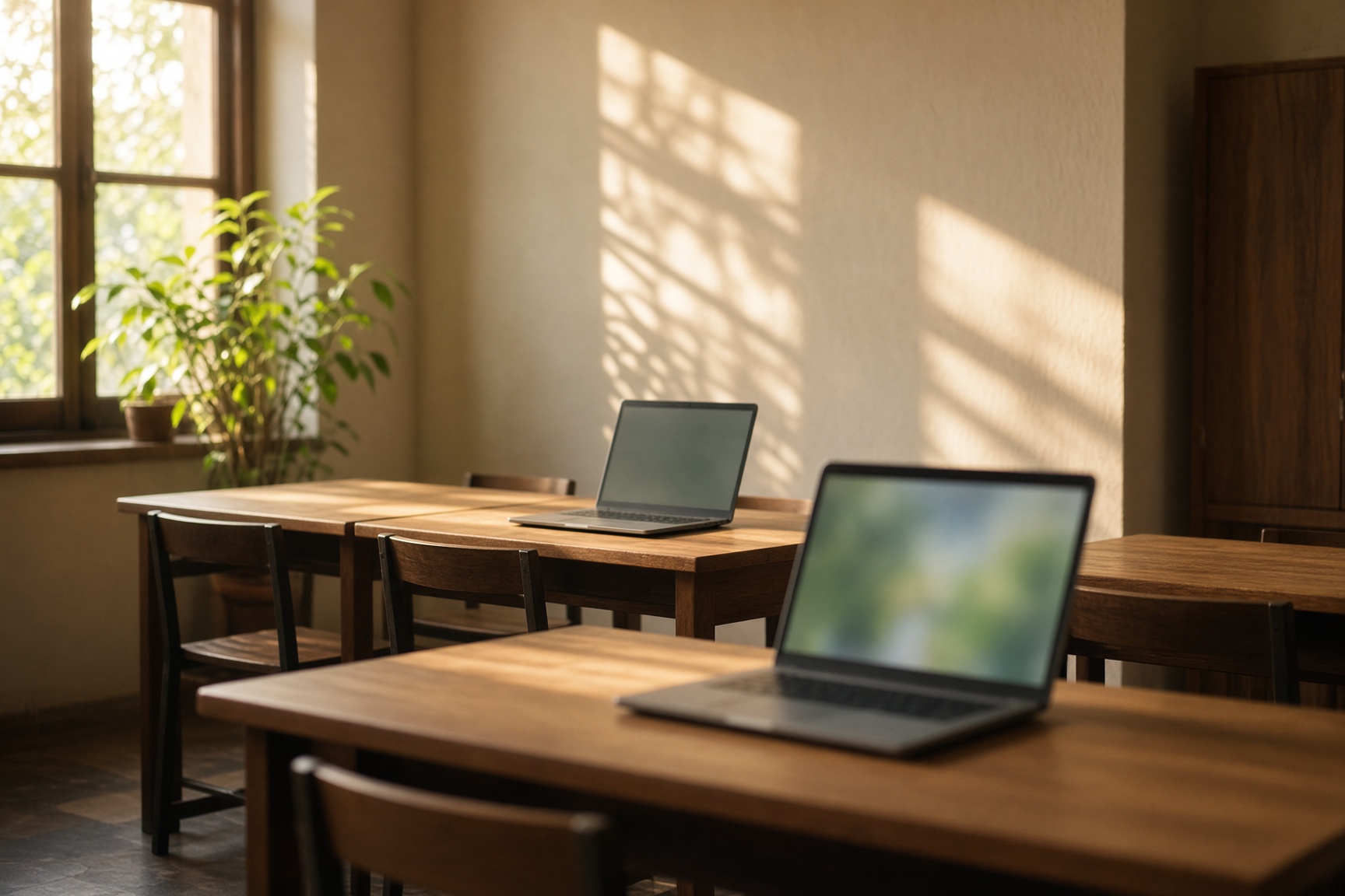 Sunlit wooden desks with laptops in a quiet coding lab