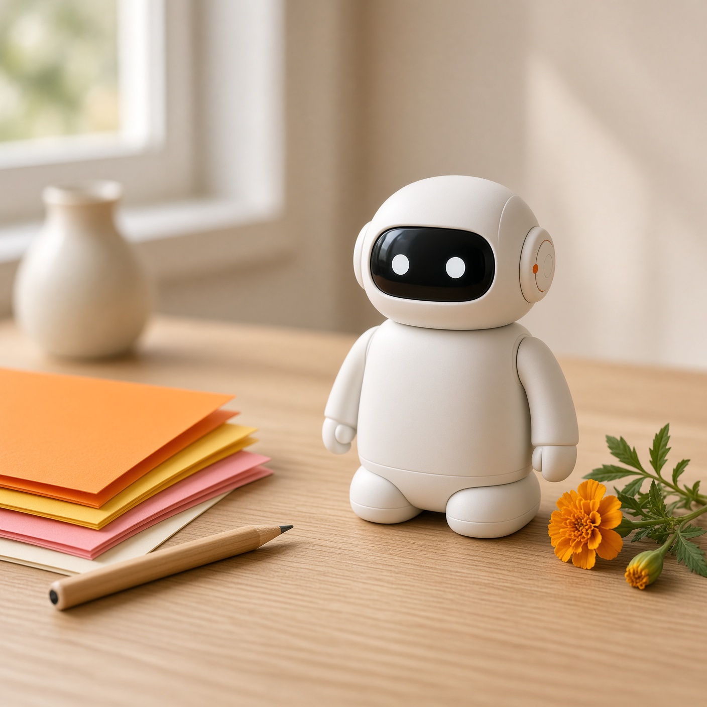 A small white learning robot beside colored paper, a pencil, and a marigold